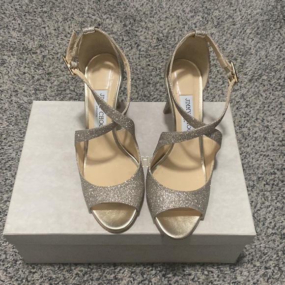 JIMMY CHOO Emily Glitter Crisscross 85mm Sandals, Gold - Picture 5 of 9